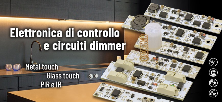 Sensori e dimmer per strip LED e schede LED in tensione costante 12-24Vdc