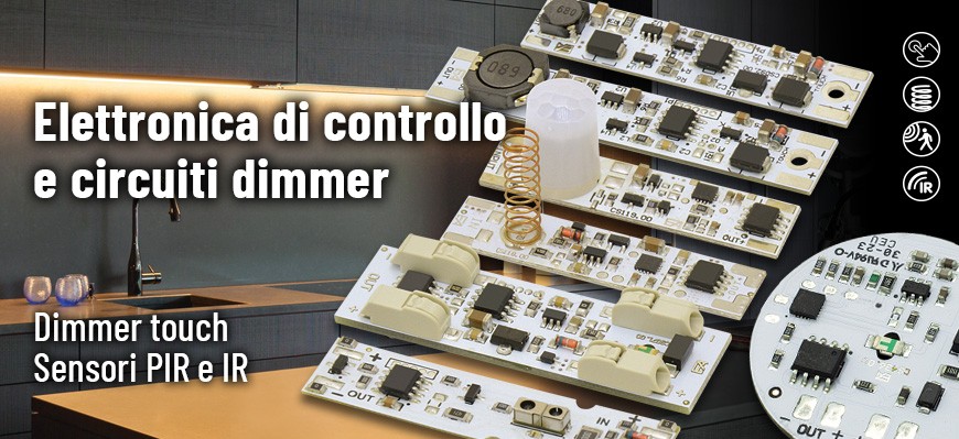 Sensori e dimmer per strip LED e schede LED in tensione costante 12-24Vdc